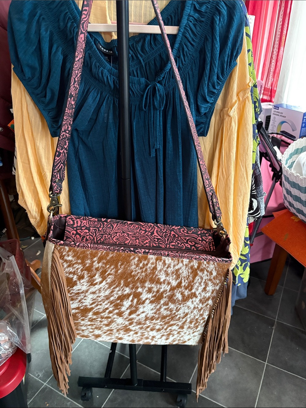 Brown & White Cowhide Fringe Crossbody with Pink Patterned Strap